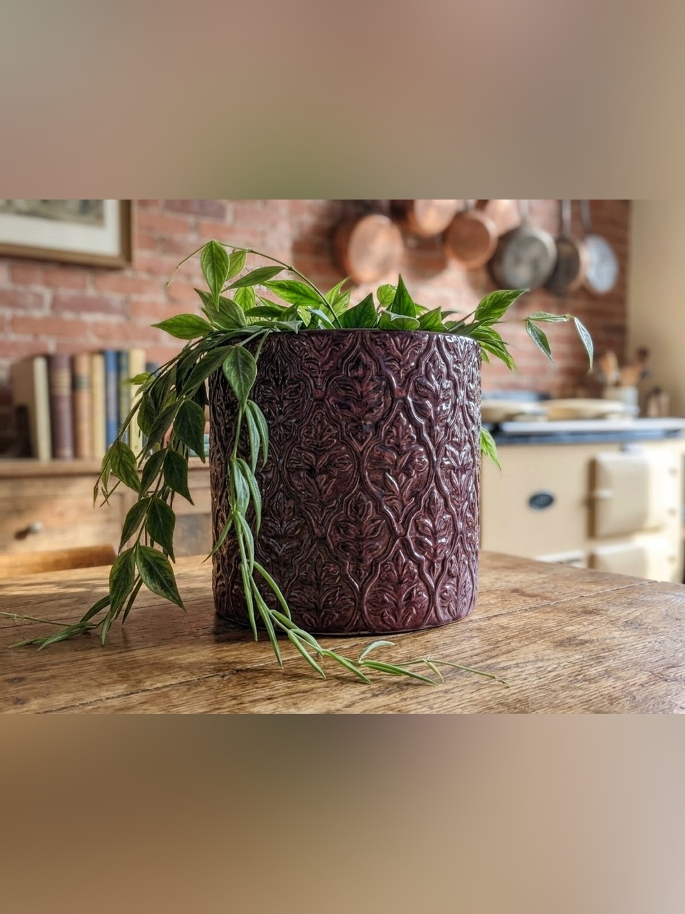 Intricate Purple Ceramic Planter with Drainage Hole 6 Inch | Embossed Leaf pot